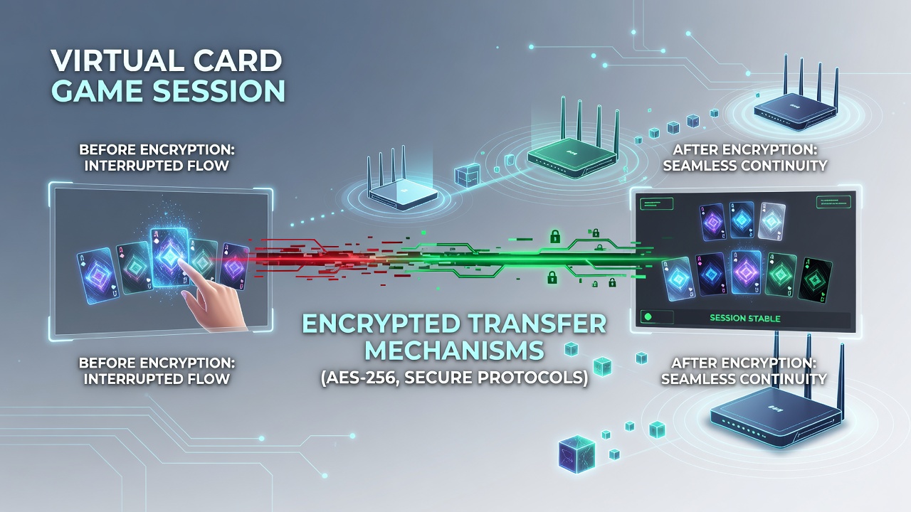 Encrypted data packets moving between wireless access points in a virtual gaming environment