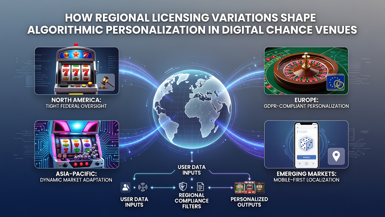 Digital interface showing regional licensing icons overlaid on algorithmic recommendation patterns in an online gaming platform