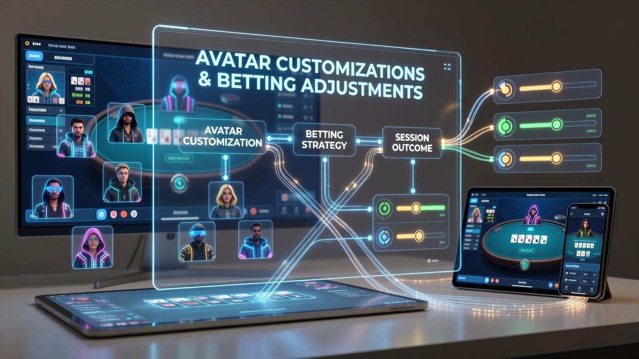 Players customizing avatars while adjusting bets in a virtual card game session across mobile and desktop devices