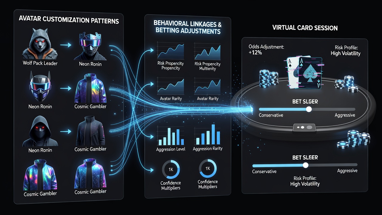 Analytics dashboard displaying correlations between avatar changes and betting adjustments in virtual card games