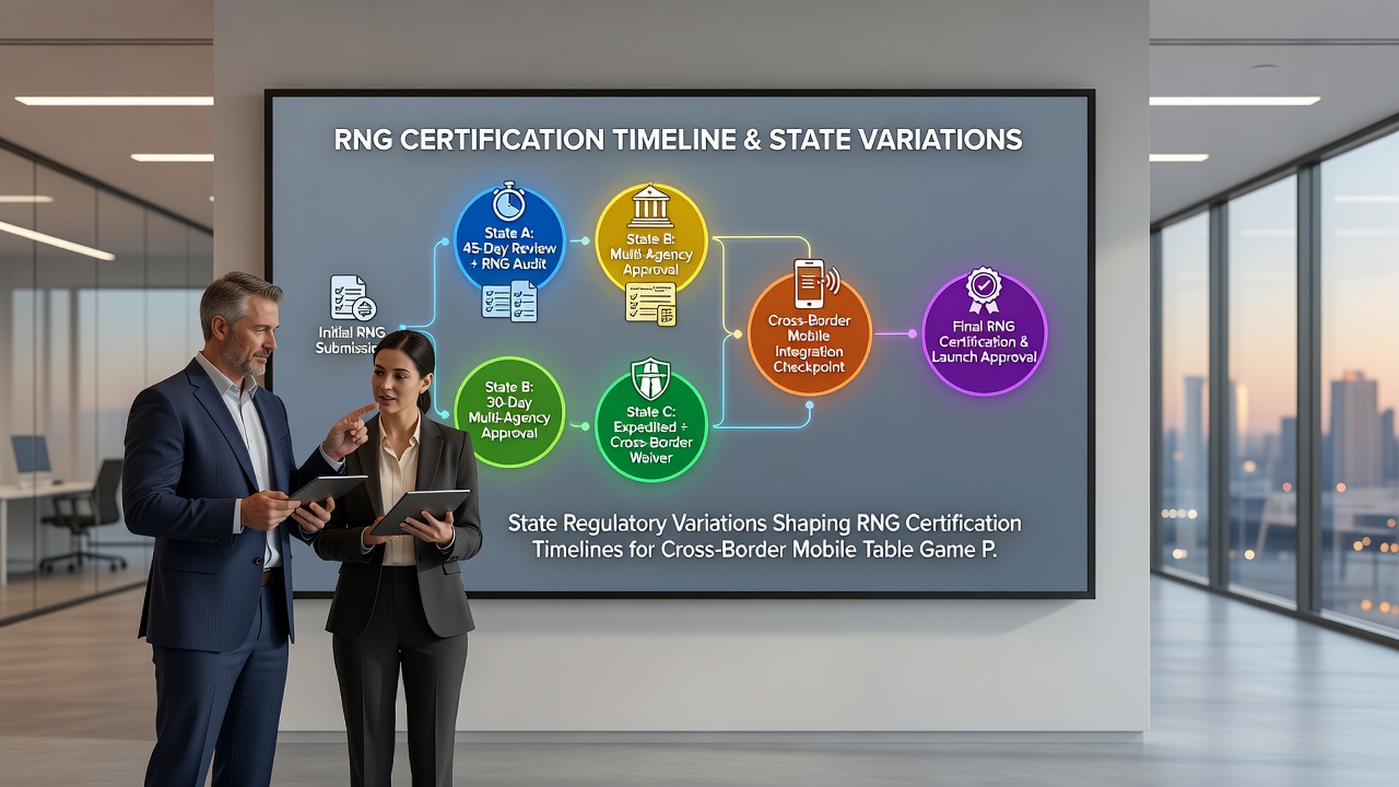 Mobile table game interface displaying certified RNG status across state lines