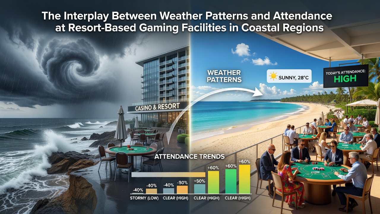 Coastal resort gaming facility with ocean views under partly cloudy skies, showing typical weather conditions affecting visitor patterns