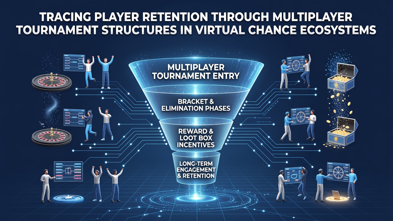 Multiplayer tournament bracket displays on virtual gaming platforms showing player progression and retention metrics