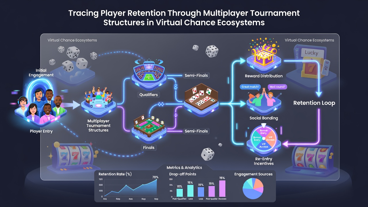 Data visualization charts tracking player return rates and tournament participation over multiple months in virtual ecosystems