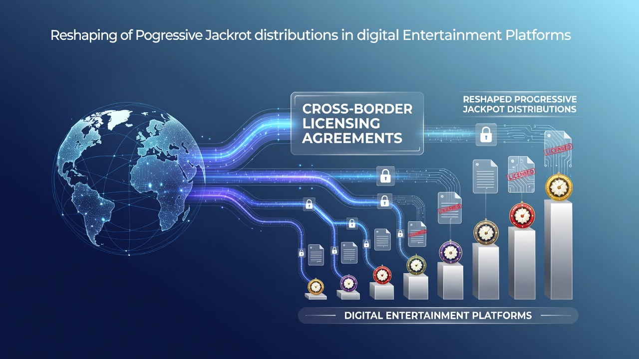 Diagram showing interconnected licensing networks across regions influencing shared jackpot pools in digital gaming platforms