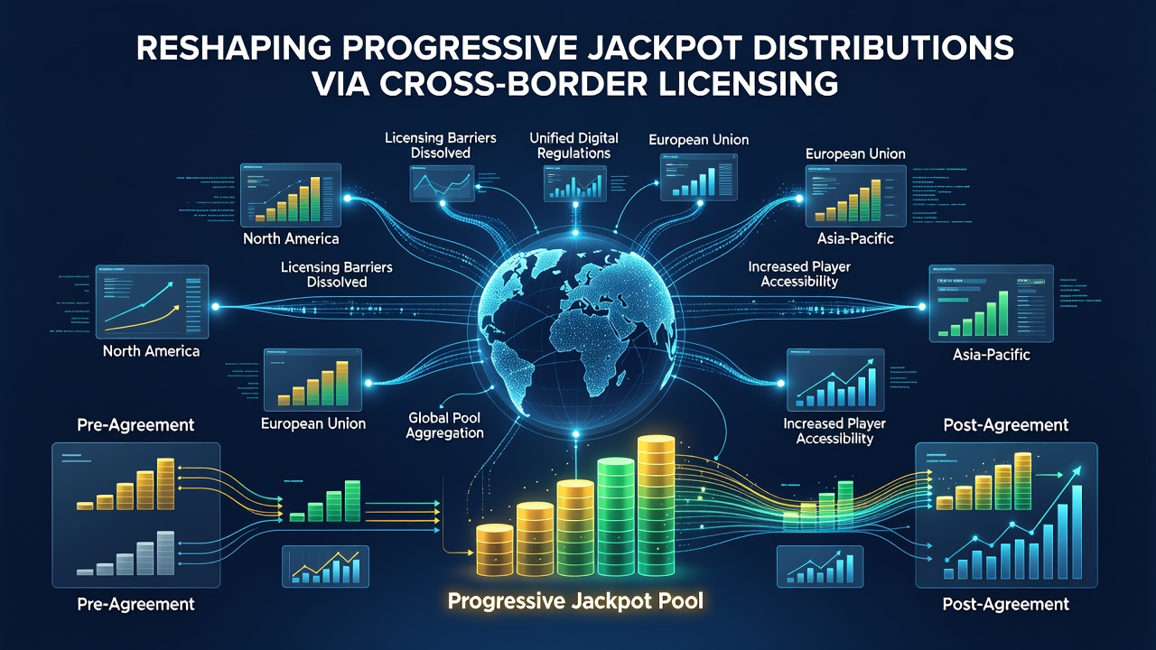 Visual representation of regional regulatory boundaries overlaying a central progressive jackpot network in online entertainment systems